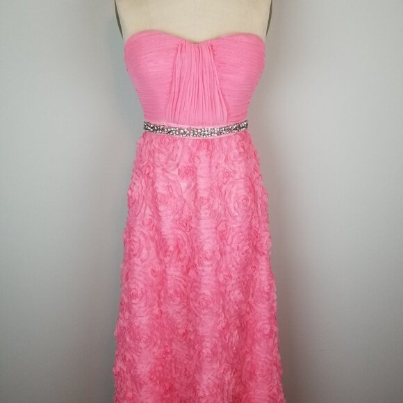 Gorgeous Ruffled Floral Coral Pink Formal Maxi Length Dress with Rhinestone Belt - Picture 2 of 12